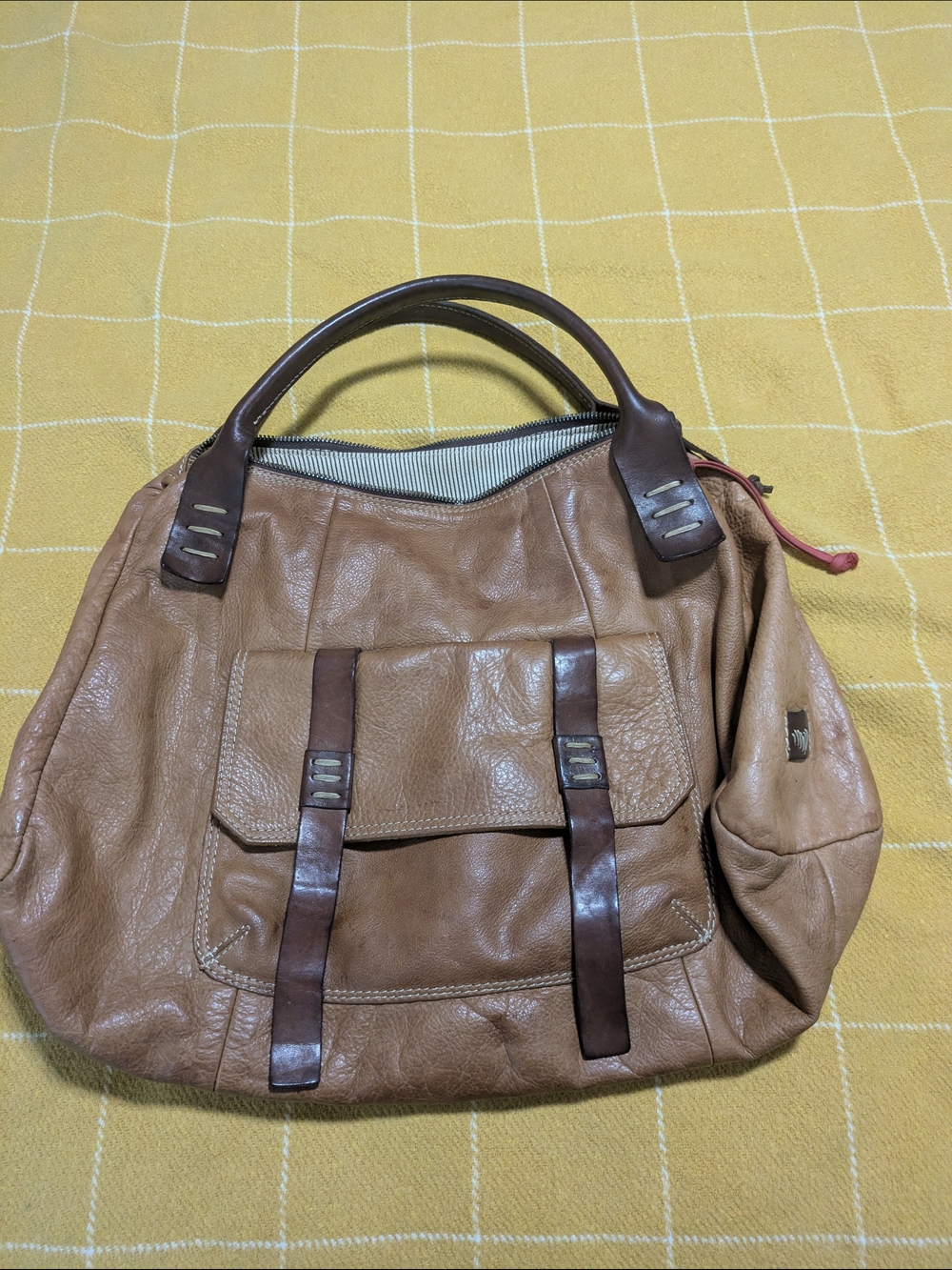 Leather Hobo Bag in Tan with Dark Brown Accents